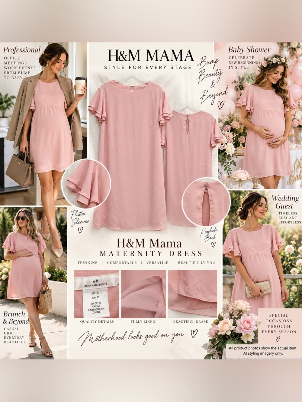 H&M Mama Maternity Dress S Blush Pink Flutter Sleeve Baby Shower Wedding Guest